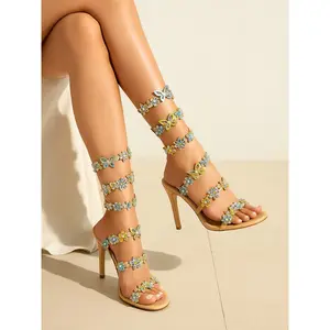 Mariposa Rhinestone Floral Embellished Stiletto High Heel Sandals - Beige