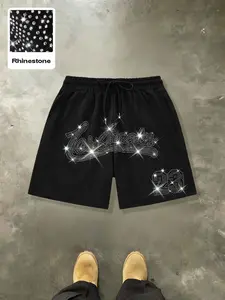Men's Rhinestone Letter Print Drawstring Shorts, Y2K Streetwear Bling Graphic Casual Shorts, Menswear Hip Hop Elastic Waist Bottoms for Daily, Party Casual Loose Shorts #springsaledeals2026 #summeroutfits #tiktokshopmademebuyit #menfashion