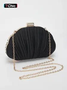 Shell-inspired clutch, pleated evening bag for women, featuring a short chain handle, long chain shoulder strap, and crossbody style. Perfect for weddings, parties, and galas. Crossbody Clutch Purse