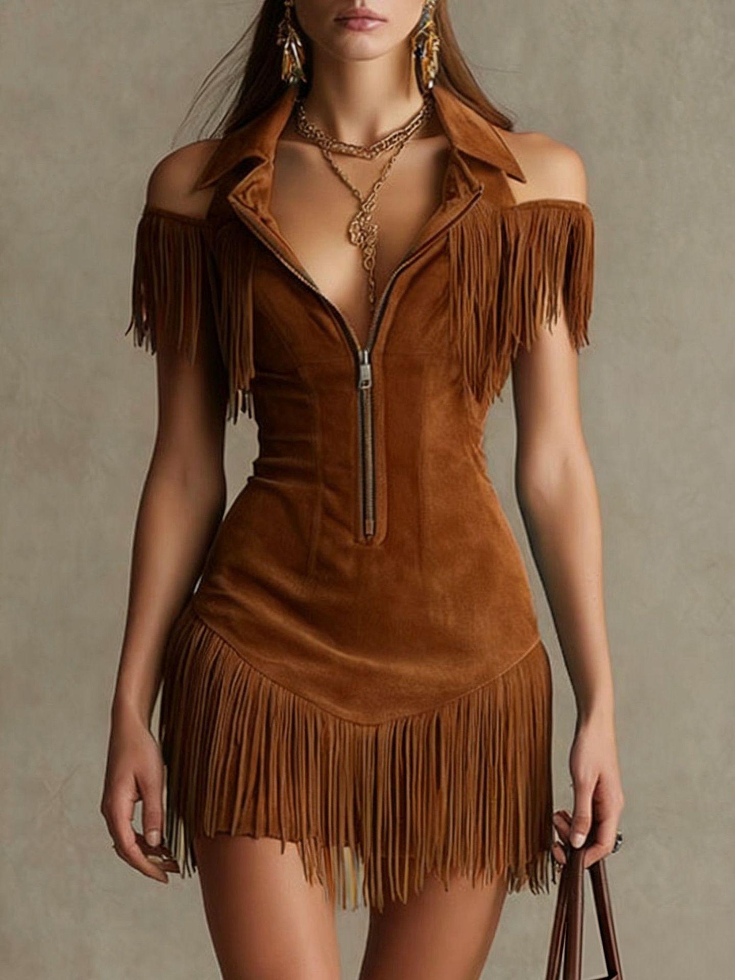Women's Casual Retro Suede Off-Shoulder Dress with Tassel Details
