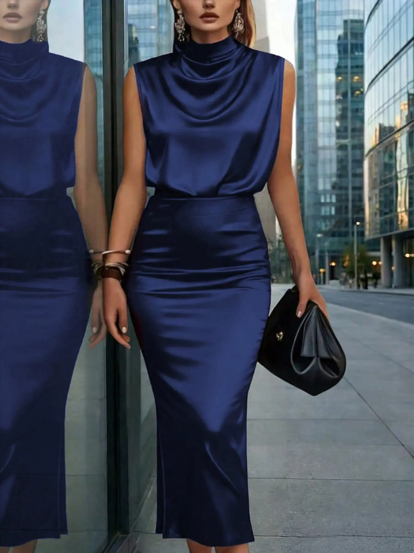 Elegant Women's Satin Mock Neck Sleeveless Top & Bodycon Skirt Set, Chic Spring Summer Office Wear, Valentine's Day Dress, Coordinate Set Elegant
