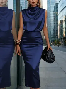 Elegant Women's Satin Mock Neck Sleeveless Top & Bodycon Skirt Set, Chic Spring Summer Office Wear, Valentine's Day Dress, Boss Babe Outfit