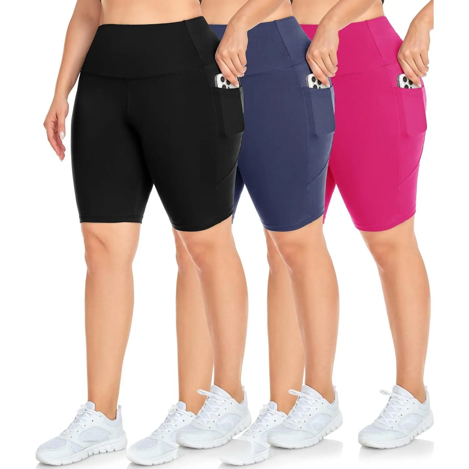 3 Pack Plus Size Biker Shorts with Pockets for Women-High Waisted 8" Yoga Pants Workout Shorts