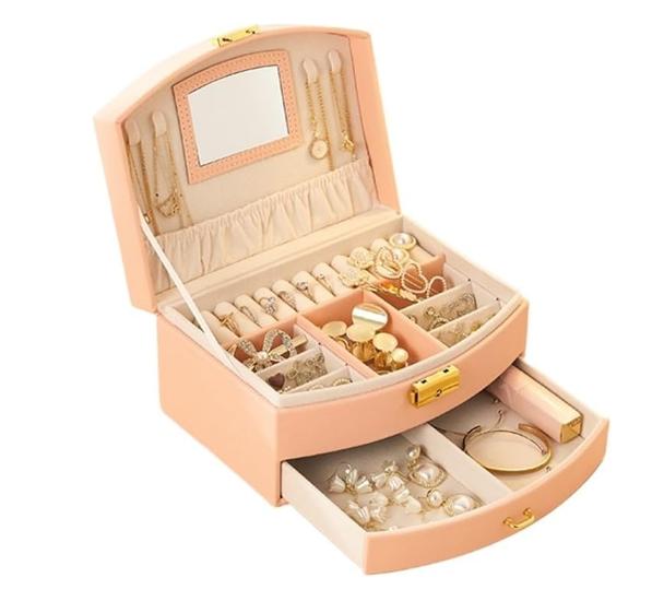 small room organization products.2-layer jewelry PU leather box, 1 set of large-capacity jewelry storage box with drawers, lockable jewelry box, portable mini travel case for jewelry display and storage, small portable case for storing rings, earrings