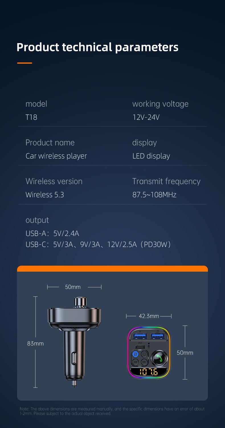 Wireless Bluetooth Car Adapter Bluetooth 5.3 FM Transmitter AUX Radio Receiver MP3 Player Handsfree Call Type-C USB  Car charger