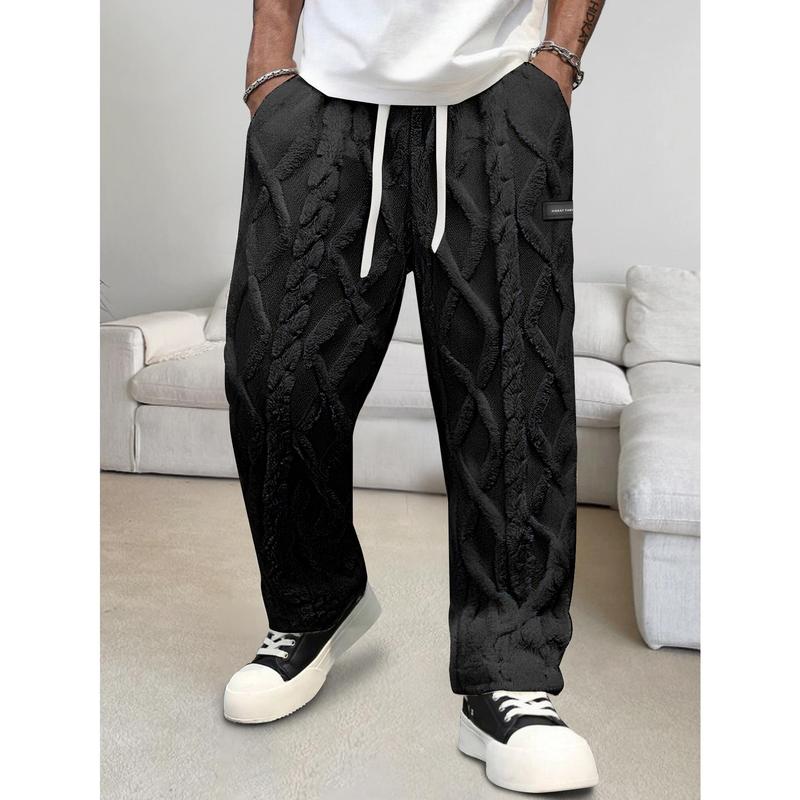 Men's Heavyweight Winter Trousers - Thickened Durable Non-Stretch, Elastic Drawstring Waist + Geometric Pattern, Cold-Weather Everyday/Outdoor Pants