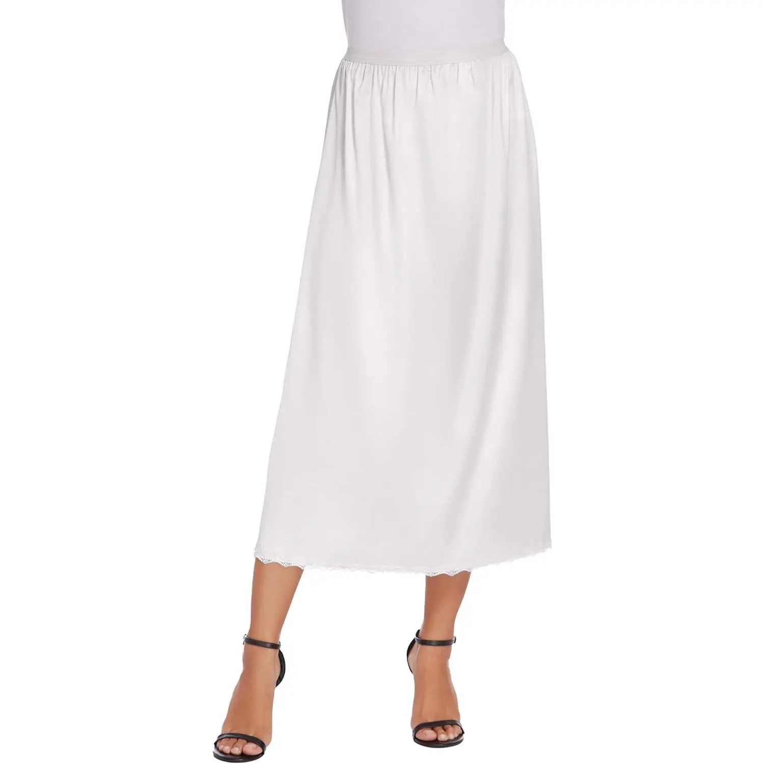 Women's Soft Satin Half Slip, 36" Long Bridal Underskirt with Lacy Trim, Lightweight Anti-Static Layer for Maxi Dresses, Satin Material