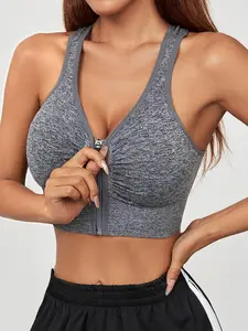 Women's Solid Zipper Front Gym Sports Bra, High Stretch Yoga Bra, Ladies Sportswear for Indoor Outdoor Wear