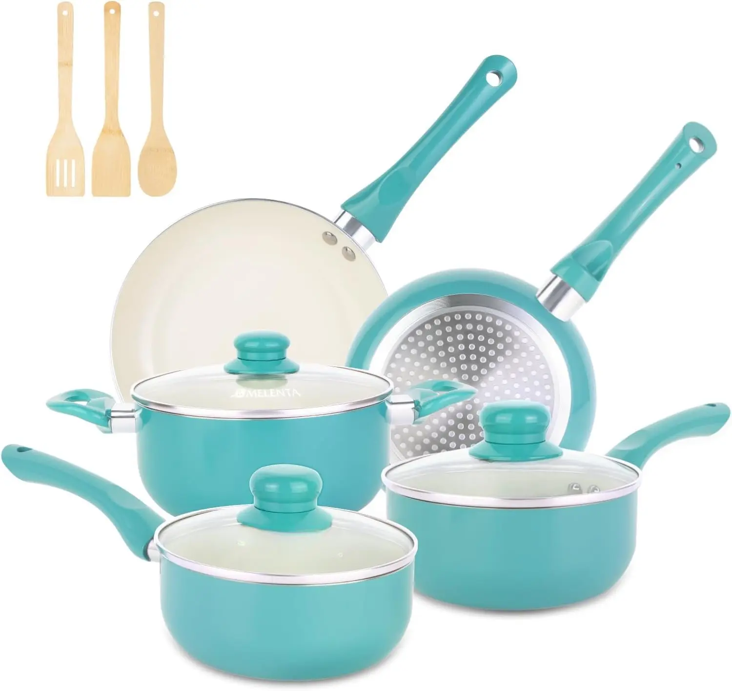Pots and Pans Set Nonstick, 11 count Kitchen Cookware Sets Induction Cookware, Ceraic Non Stick Cooking Set, Stay Cool Handle & Baboo Kitchen Utensils,  PFOA Free, Turquoise