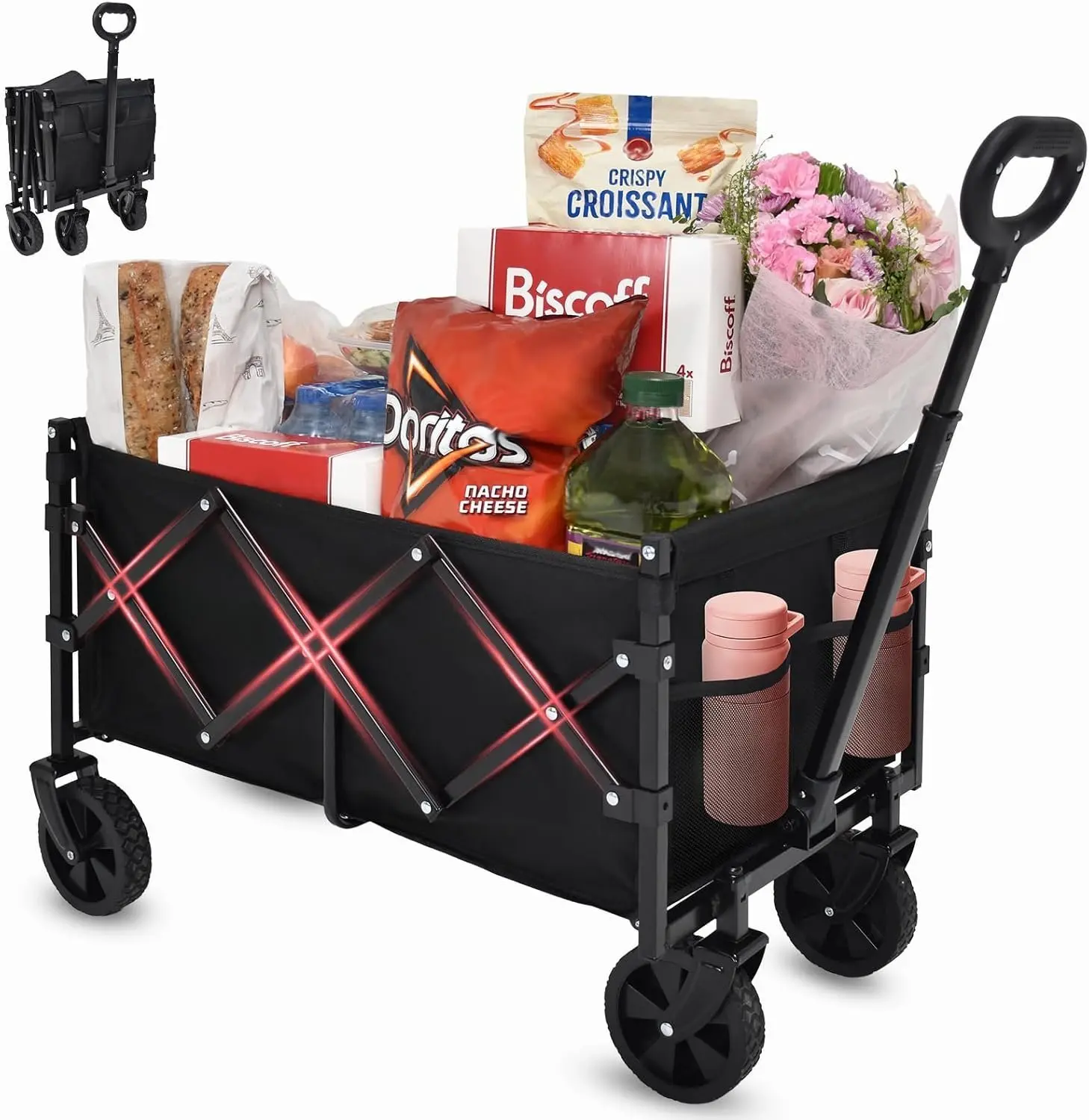 Collapsible Wagon Cart with Wheels Foldable,11 Lbs Lightweight Portable Folding Utility Wagon,90 L Heavy Duty Grocery Shopping Carts,Versatile for Garden  Camping Park Outdoor Use