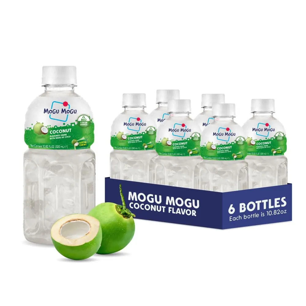 Mogu Mogu Coconut Juice Drink with Nata de Coco Jelly, Tropical Coconut Beverage, 10.8oz Bottles, Pack of 6, Lightly Sweet Refreshing Drink
