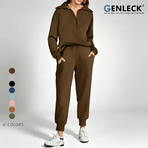Genleck Women's 2-Piece Cotton Chic Fabric Sweatsuit Set - Half-Zip Oversized Sweatshirt, Loose-Fit Sweatpants, Trendy Fall Athleisure Lounge Wear