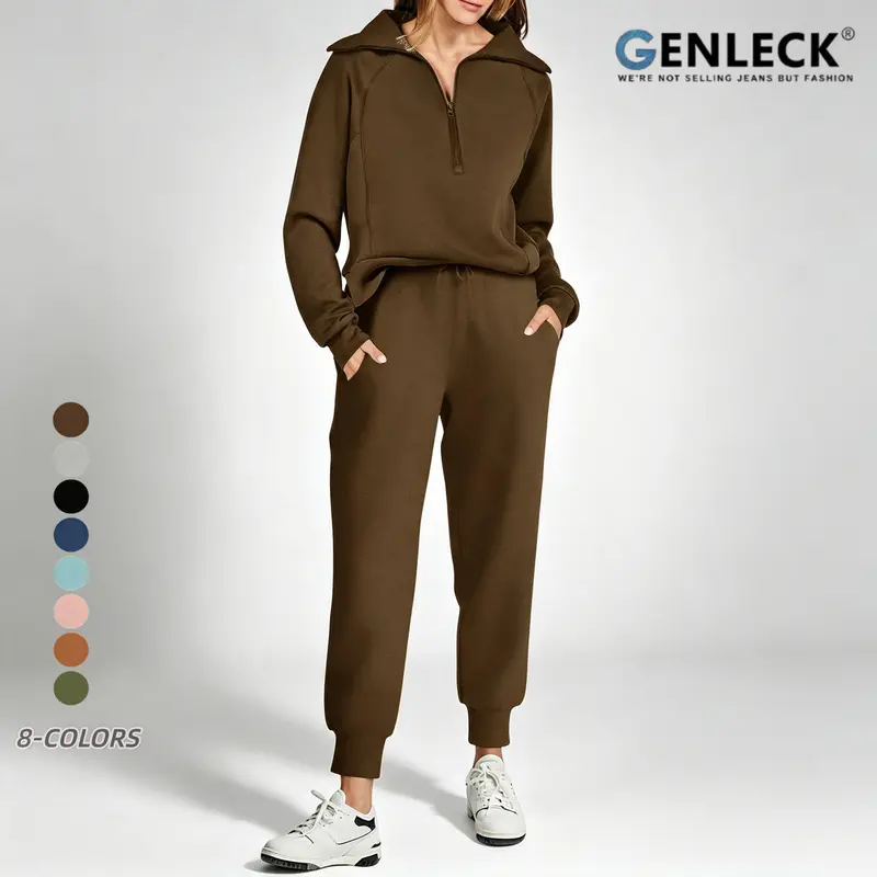 Genleck Women's 2-Piece Cotton Chic Fabric Sweatsuit Set - Half-Zip Oversized Sweatshirt, Loose-Fit Sweatpants, Trendy Fall Athleisure Lounge Wear