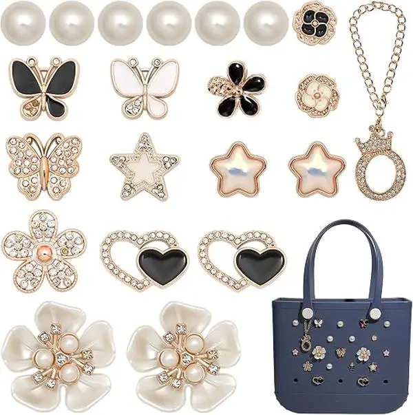 21 Pcs Charms for Bogg Bag, Butterfly Flower Bling Bag Accessories, Key Chain Charms for Beach Bags, Totes and Handbags