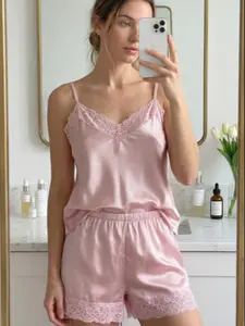 Women's Sexy Silk Satin Silky Smooth Fitted Pajama Set, Lace Trim Tank Top & Shorts Sleepwear, Comfortable Nightwear for Ladies, Elegant Home Loungewear