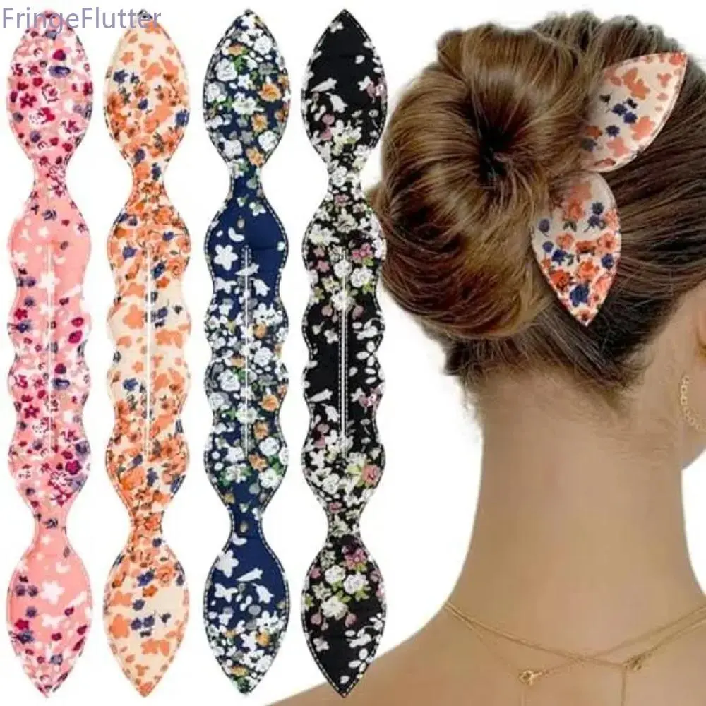 4-Piece Flexible Hair Bun Maker Set | French Twist Bunny Ear & Floral Styling Tool, Quick Easy Updo Accessories for Women & Girls, 2-in-1 Hair Tie & Decor for Cute Charming Bun Hairstyles