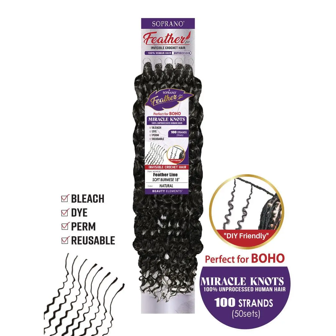 Soprano Feather 100% Unprocessed Virgin Human Hair Invisible Crochet – Soft Burmese 18" (50 Strands/100 Folded)