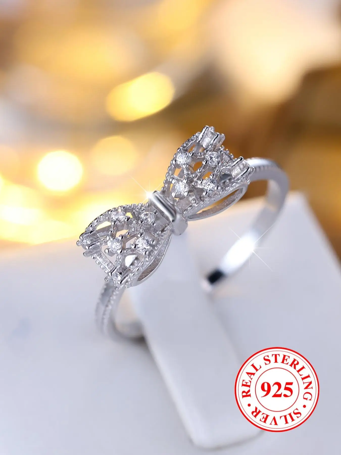 S925 Sterling Silver Cute Bowknot Design Ring, Fashion Rhinestones Decor Engagement Ring for Women & Girls, Trendy All-match & Exquisite Jewelry for G