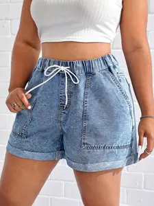 VYNCE Plus Size Drawstring Waist Roll Up Hem Denim Shorts for Summer