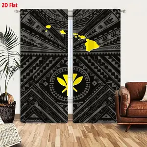 2D Flat, 2pcs Polynesian Tribal Hawaiian Island Curtains - Semi-Sheer Window Drapes with Black & Gray Tribal Pattern & Yellow Three-Leaf Paddle Design, Tropical Hawaiian Decor for Living Room, Bedroom - Machine Washable Window Treatments for Hawaiia