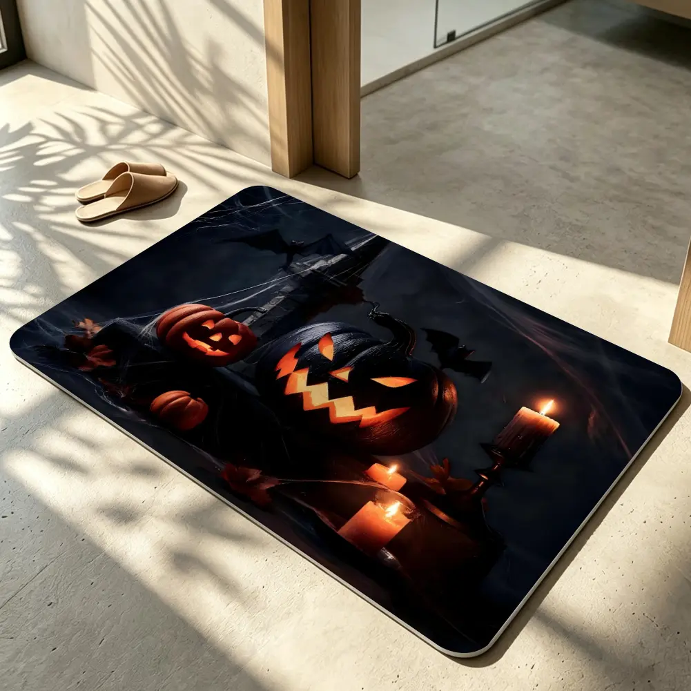 Glowing Face Pumpkins Door Mat Candles Cobwebs Dark Moody Art Spooky Halloween Indoor Outdoor Non Slip Welcome Floor Mat Washable Entryway Carpet Haunted House Holiday Decor Atmospheric Night Glow Thick Rubber Backing Weather Resistant Front Door Mat
