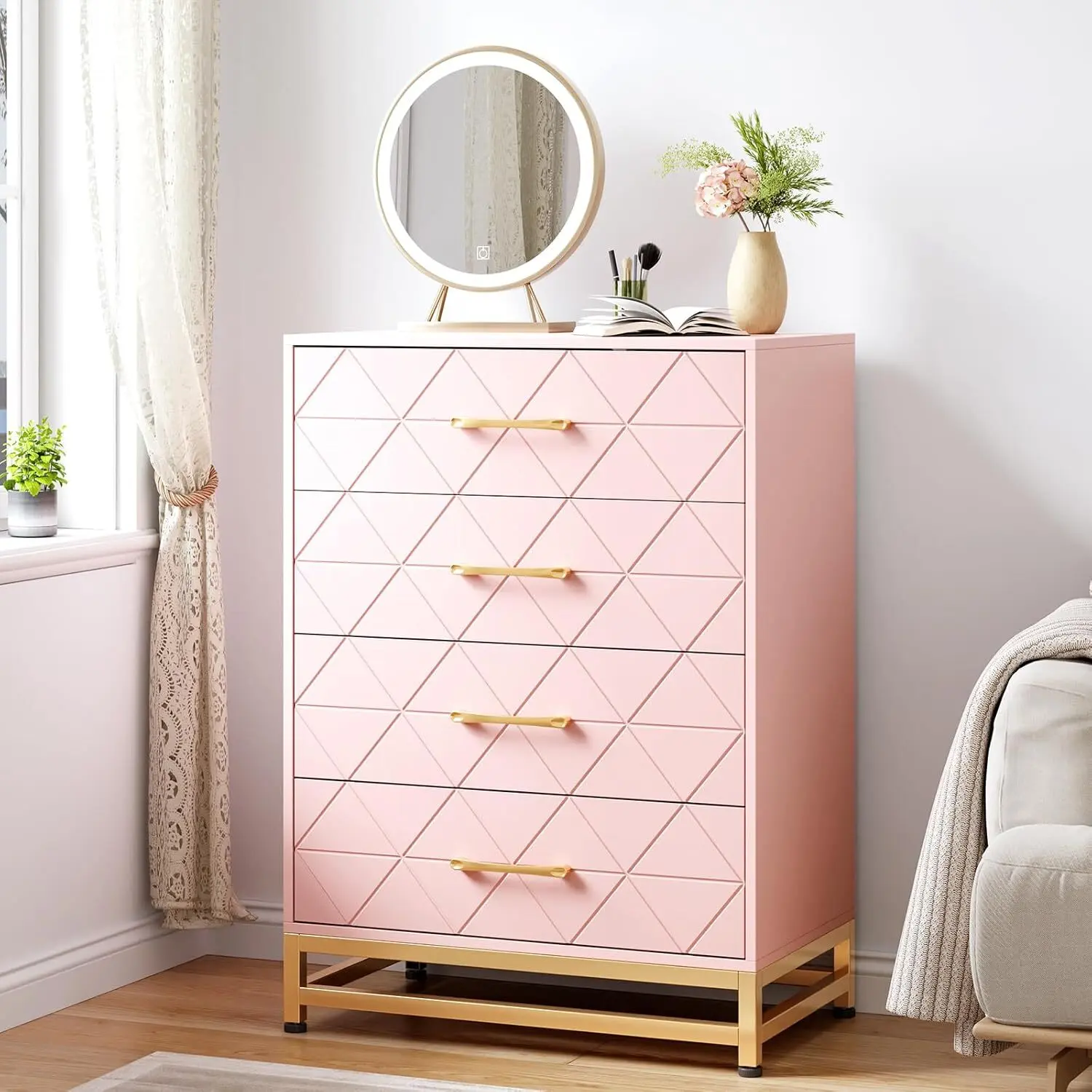 ​​Pink 4-Drawer Dresser for Bedroom & Closet Tall Chest with Soft-Close Glides, Anti-Tip Kit | 36.22" H Space Saving Storage Organizer​