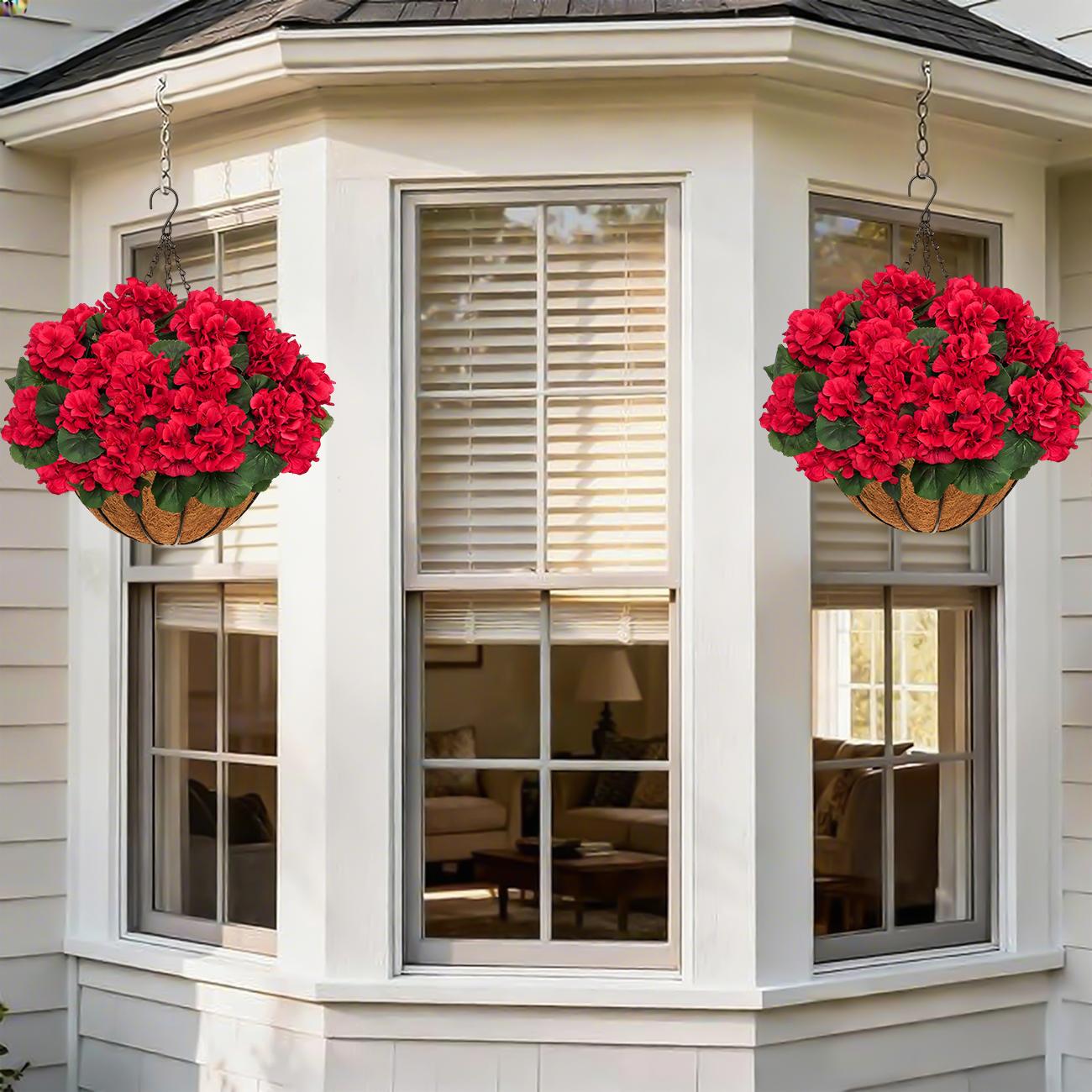 2pcs Artificial Geraniums with Hanging Baskets, 12 Bundles UV Resistant Artificial Outdoor Plants, Fake Red Flowers for Spring Front Porch Home Patio Balcony Yard Decor