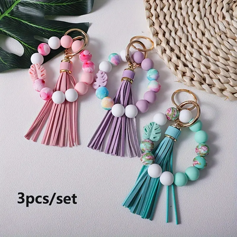 3-Piece Bohemian Leaf Keychain Set for Women with Silicone Beaded Wristlet, PU Leather Tassel, Cute Fashion Bag Accessories, Cute Bag Accessories, 3Pcs/Set, 3 Pieces, Birthday