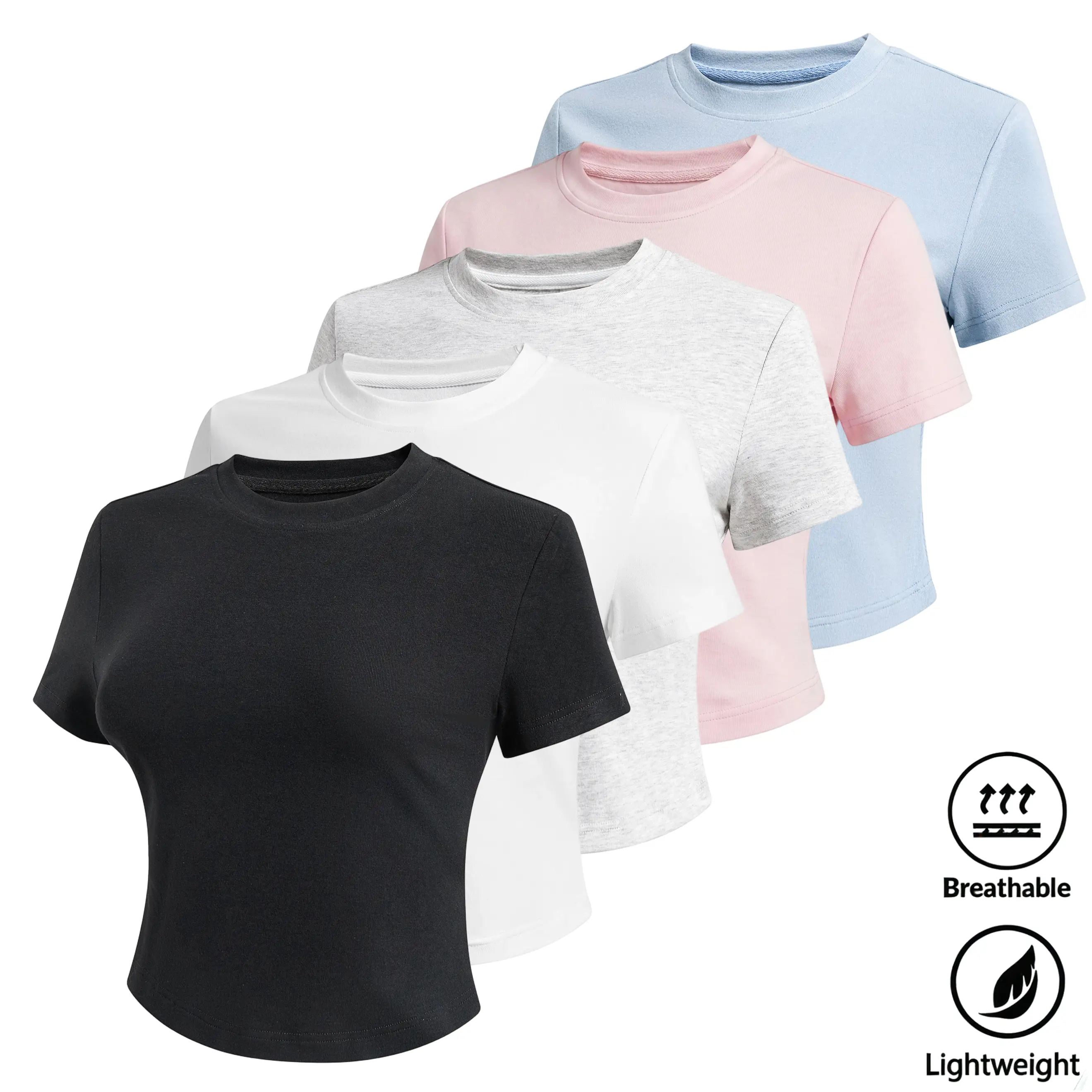 Women’s 5-pack cotton crew-neck cropped tops—soft, form-fitting basic T-shirts with a slimming casual short-sleeve design, versatile for everyday summer wear.