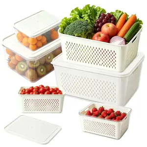 4 Pack Large Airtight Insulated Food Storage Set 3.5L Fridge Fruit Storage Container Leakproof Produce Bin with Removable Colander, Vegetable Fruit Water Draining Rinse Basket, BPA‑Free, Microwave & Dishwasher Safe, Keep Fresh Longer Kitchen Utensils
