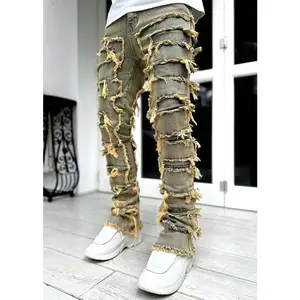 Stretchy Vintage Be Stacked Jeans For Men Premium Raw Frayed Denim Destroyed Washed Patchworks Pants New Streetwear Black