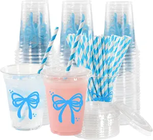 50 PCS 12oz Disposable Plastic Cups with Lids & Straws – Cute Bow Design Party Drink Cups for Birthdays & Events