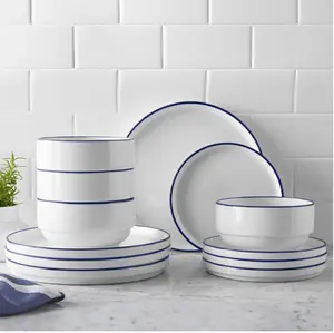 12-Piece Blue Rim Stoneware Dinnerware Set