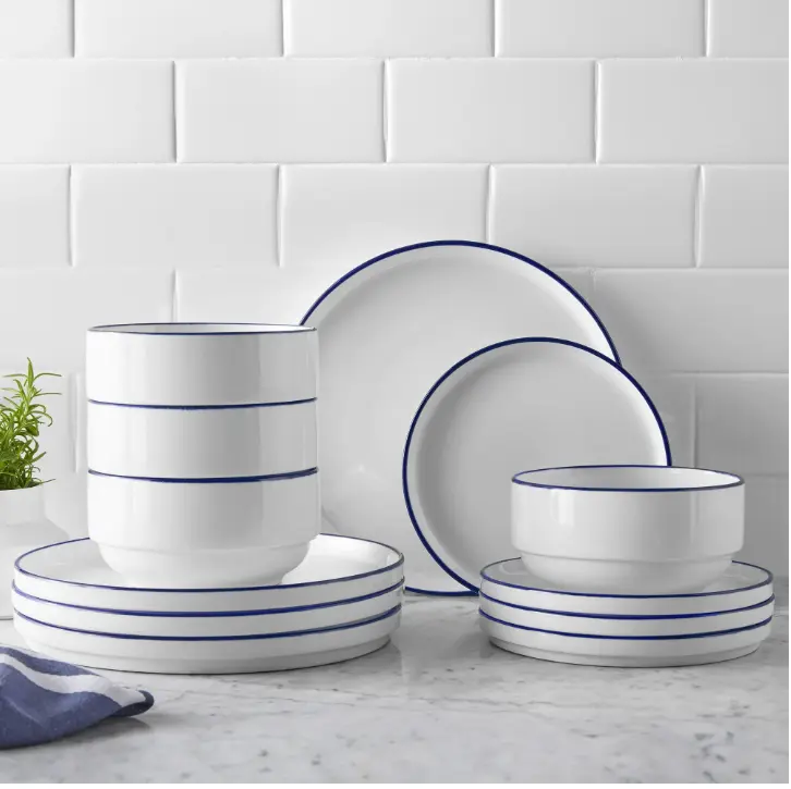 12-Piece Blue Rim Stoneware Dinnerware Set