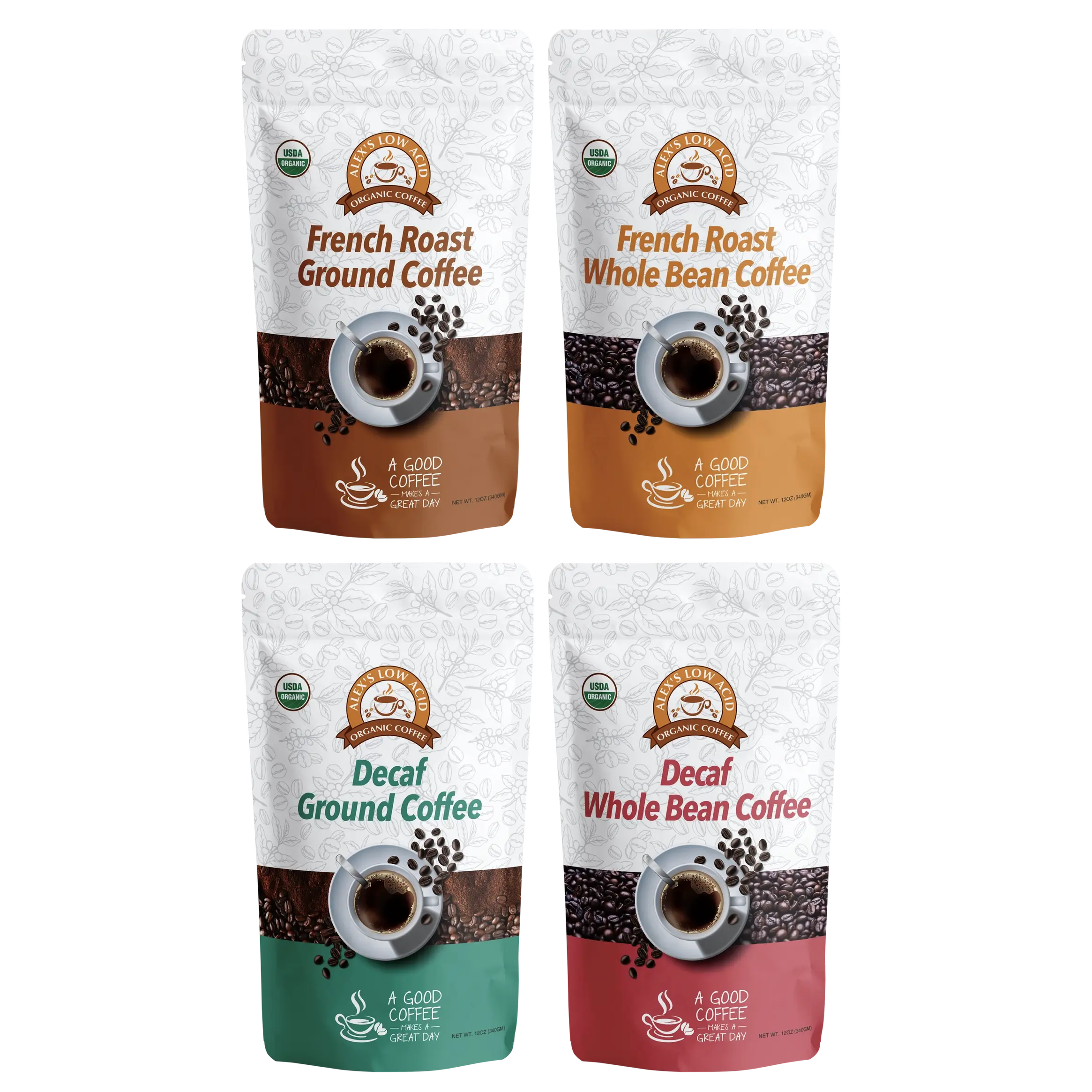 Alex's Low Acid Organic Coffee™ - 4-Bag Variety Pack (12oz)