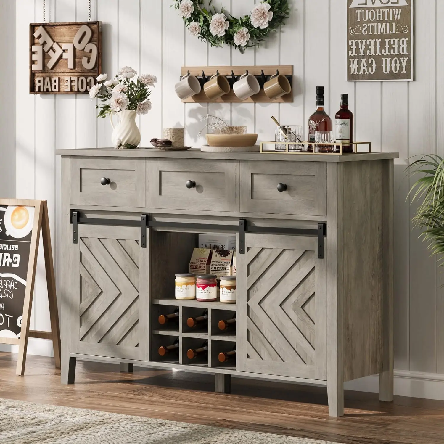Gray 47 Inch Farmhouse Buffet Cabinet with Sliding Barn Doors Removable Wine Rack and Adjustable Shelves for Kitchen and Dining Room Gray