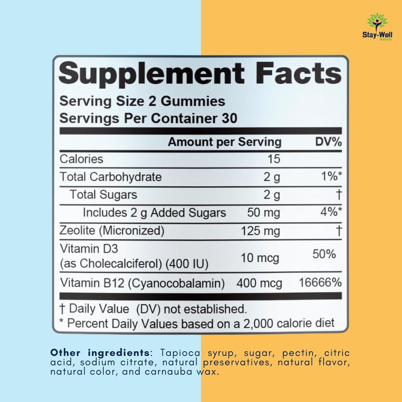 Stay-Well Naturals Natural Zeolite Heavy Metal Detox Kids, Chewable Gummy, Micronized Zeolite, Total Body Metal Cleanse, Toxin Cleanse, Non-GMO, 60 Mixed Berry Gummies