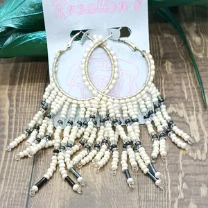 White beaded seed bead fringe hoop earrings, boho jewelry