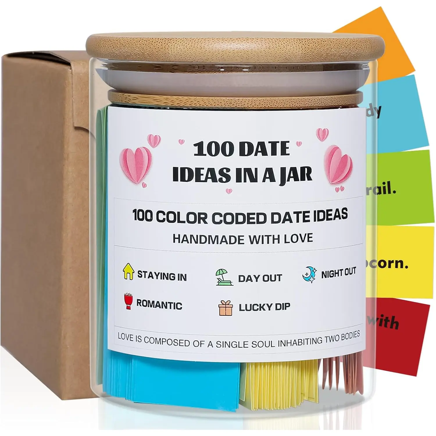 100 Date Ideas In A Jar Date Night Ideas Color Coded Date Ideas Budget-friendly Date Jar Wedding/Anniversary/Bridal Shower/Newlyweds Gifts for Couples, pure