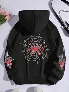 Women's Spider Web & Spider Print Drop Shoulder Hoodie, Fashion Casual Drawstring Pocket Hooded Sweatshirt for Daily Holiday Outdoor Wear, Women Clothing for Fall & Winter