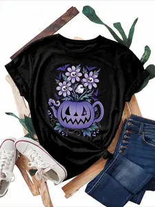Oversized Halloween T-Shirt, Vintage Washed Pumpkin Teapot Flower Ghost Graphic Tee, Retro Spooky Season Shirt for Women, Aesthetic Witchy Top, Trendy Fall Apparel, Unique Gift for Her