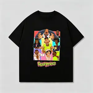 Trending "The Fresh Prince of Bel-Air" Will Smith & Cast Cartoon Collage Graphic T-Shirt, 90s Black Sitcom Nostalgia Aesthetic Oversized Streetwear Tee, Casual Black Top
