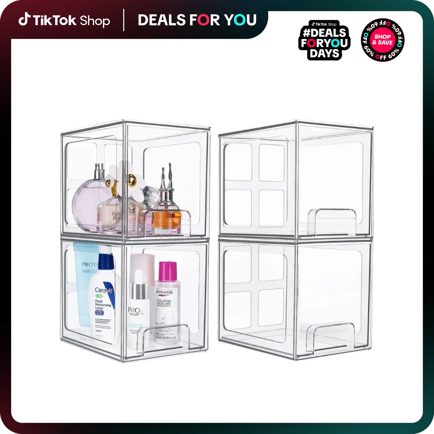 Vtopmart 4 Pack Stackable Makeup Organizer Storage Drawers, Acrylic Bathroom Organizers,Clear Plastic Storage Bins For Vanity, Kitchen clear acrylic