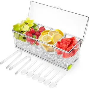 Large Ice Chilled Condiment Server with Lid, 4 Compartments Chilled Condiment , Bar Garnish Serving Platter Holder Tray for Mimosa Taco Salad Soda Lemonade Bar Supplies, 2 Tongs, 6 Forks