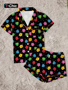 Cute Retro Cartoon Star Heart Pajama Set | Colorful Kawaii Sleepwear for Women | Fun Game Style Loungewear Set Pjs