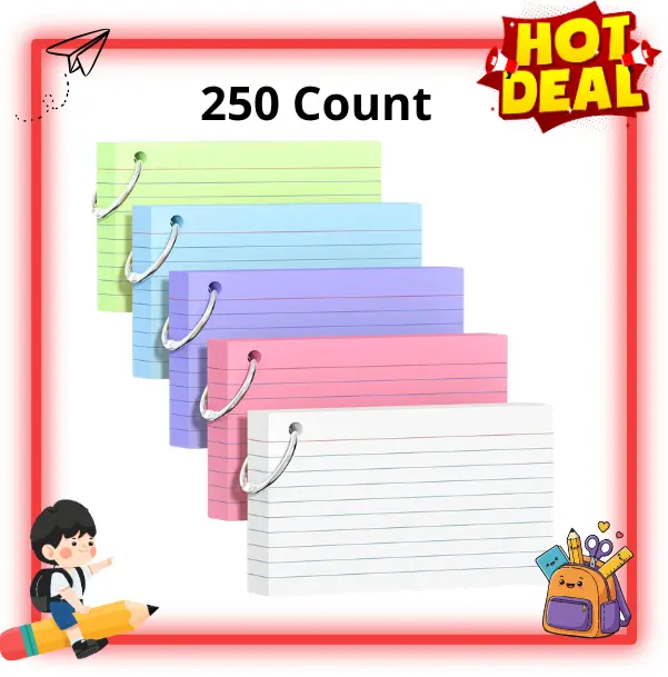 250 Count Colored Index Cards with Key Ring, 3x5 Inch Heavy Weight Flash Cards, 5 Color Study Cards for Students, Teachers, School & Office Supplies