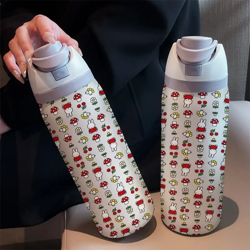Floral Rabbit 32oz Dual-Use Sports Water Bottle, 304 Stainless Steel Large Capacity Insulated Cup Tumbler Drinkware, Perfect Gift for Women, Home Outdoor Travel