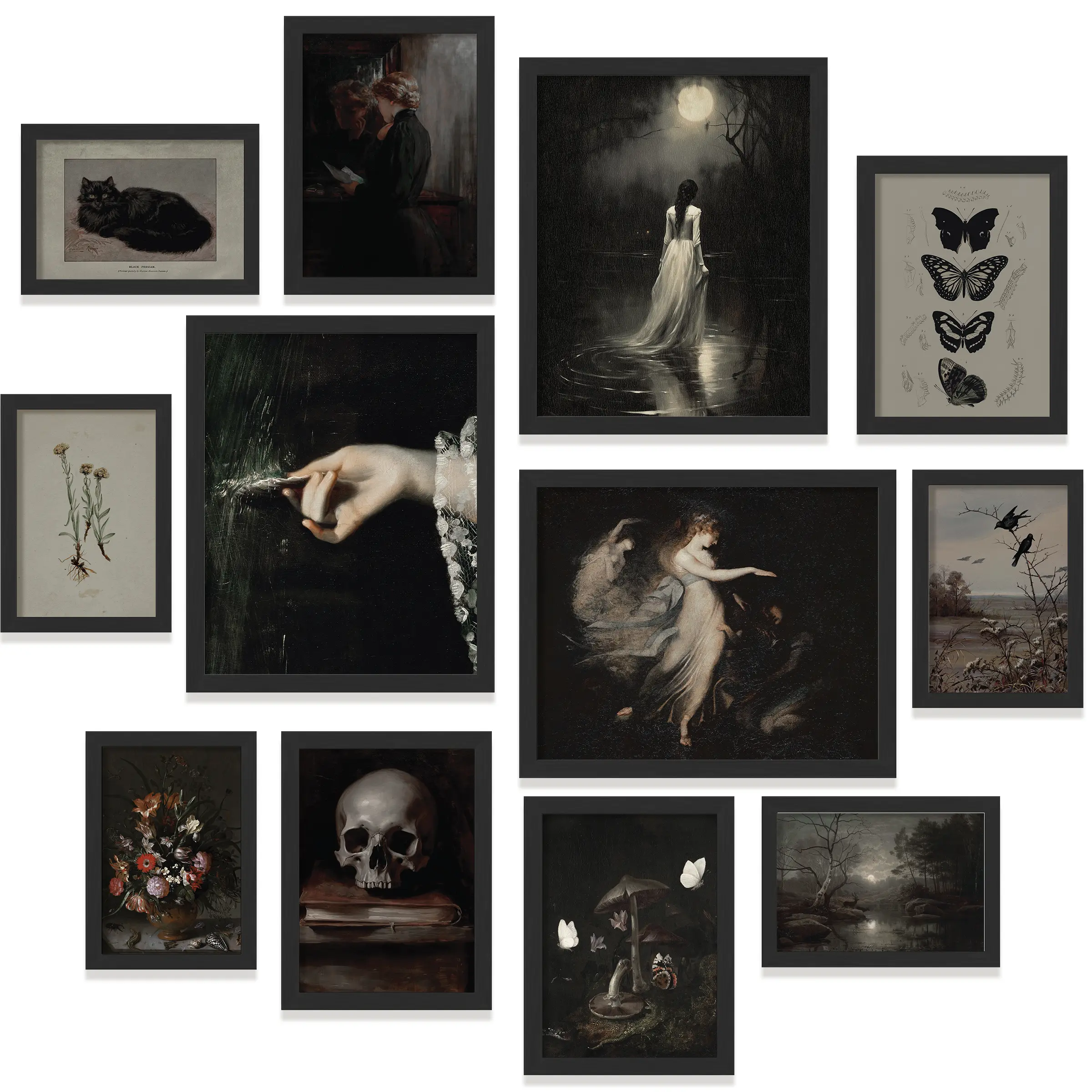 97 Decor Framed Gothic Paper Posters & Prints - 12-Piece Woody Wood Frame Artistic Artwork, Victorian Dark Academia Bedroom Accent, Living Room & Wardrobe Halloween Decor, Office Home Supplies, Living Room Decor