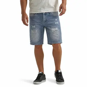 Men’s light blue washed distressed denim shorts with gradient hotfix rhinestone bling design, ripped straight fit, knee length jorts—hip hop streetwear casual summer jean shorts for men, suitable for all occasions.