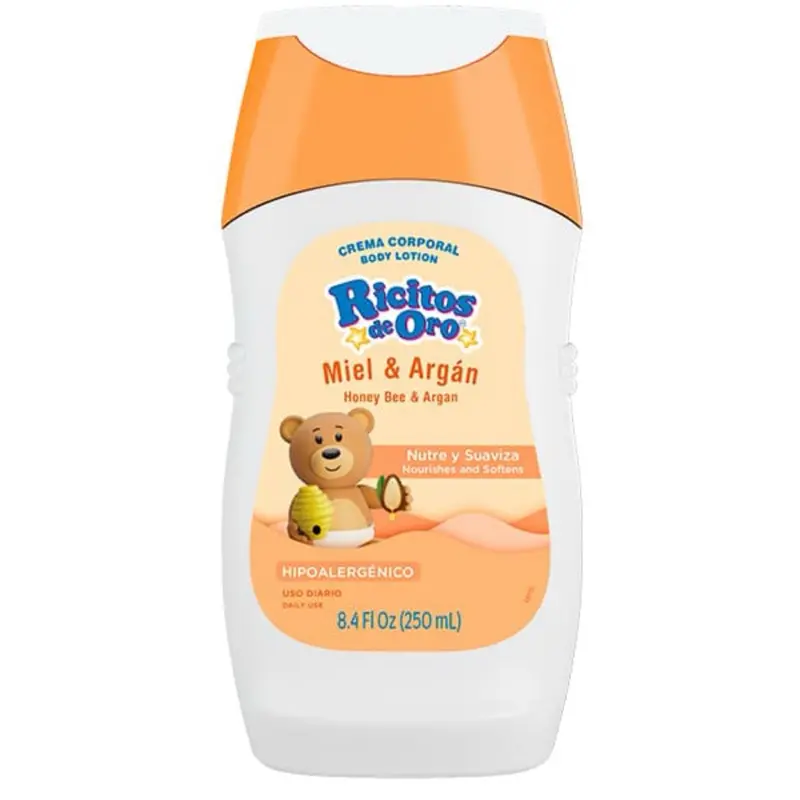 Ricitos de Oro Miel & Argan Body Lotion - Nutritive & Softening Formula with Honey Bee & Argan Oil - Hypoallergenic - 8.4 Fl Oz (250 mL)